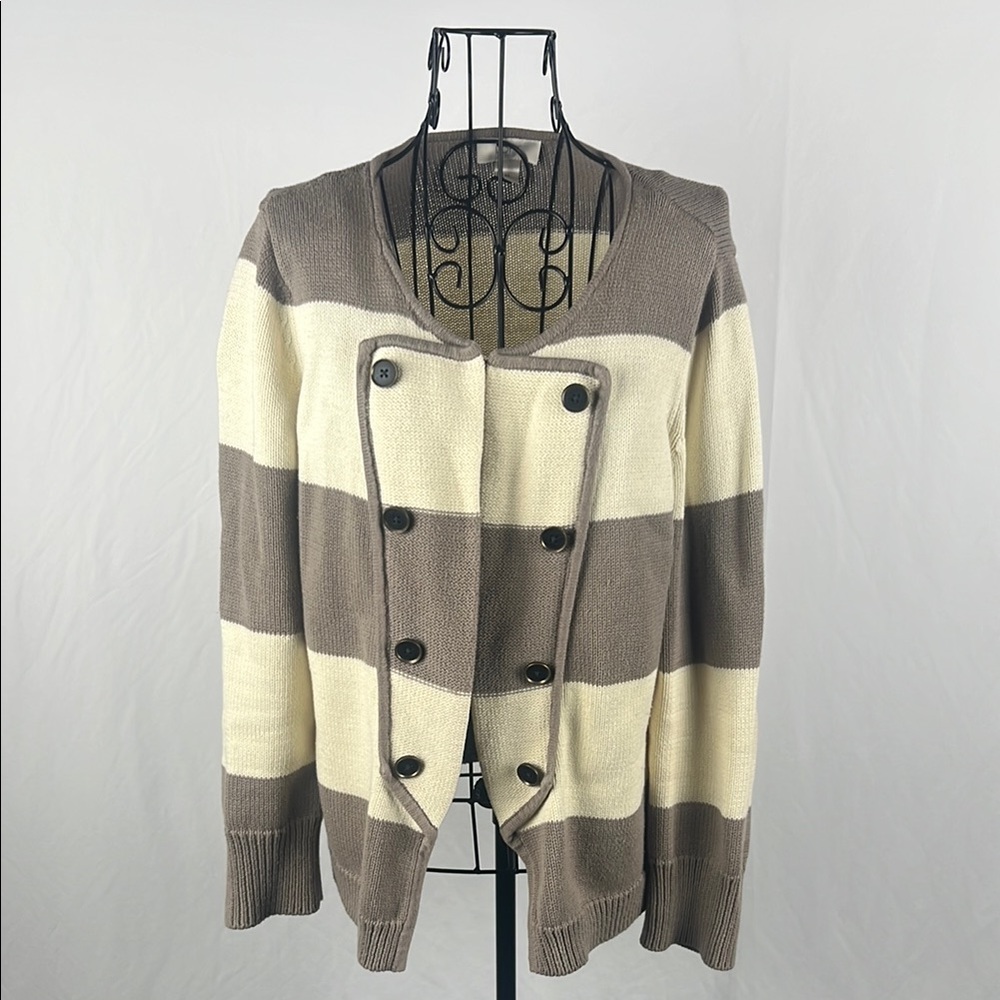 LOFT Classic Brown and Cream‎ Striped Cardigan Sweater Woman’s Med Long Sleeve